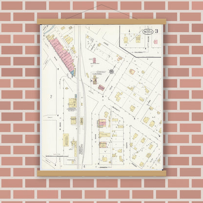 Old map wall art mockup — magnetic wood frame on brick wall — Sanborn Fire Insurance Map from Warren, Jo Daviess County, Illinois (1912), Sheet #0003