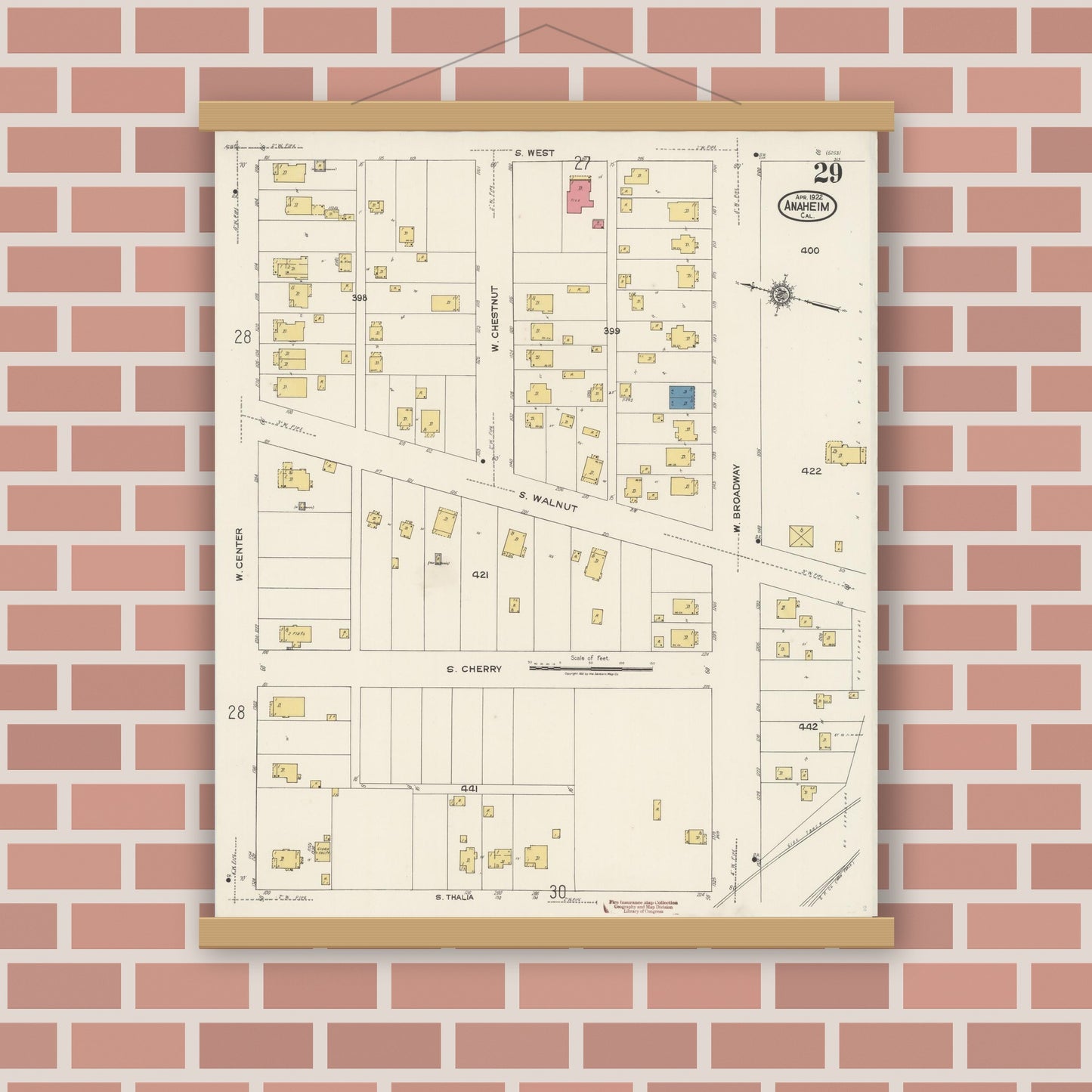 Old map wall art mockup — magnetic wood frame on brick wall — Sanborn Fire Insurance Map from Anaheim, Orange County, California (1922), Sheet #0029