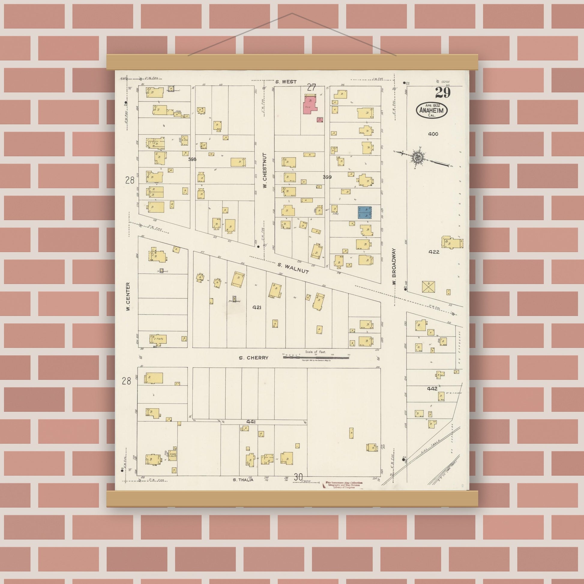 Old map wall art mockup — magnetic wood frame on brick wall — Sanborn Fire Insurance Map from Anaheim, Orange County, California (1922), Sheet #0029