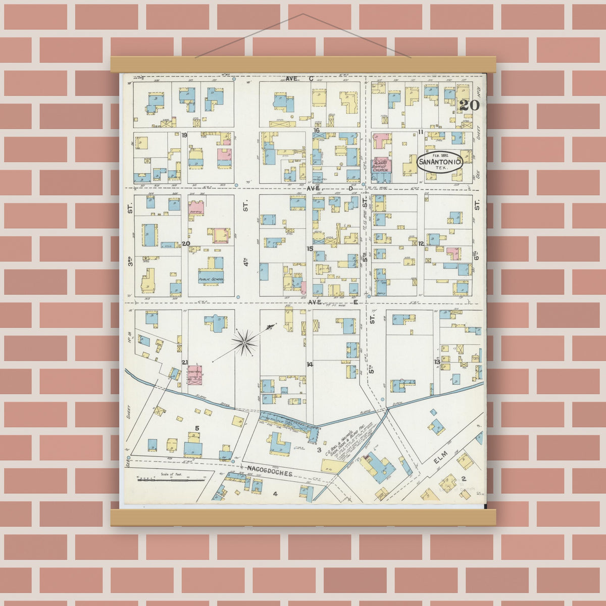Old map wall art mockup — magnetic wood frame on brick wall — Sanborn Fire Insurance Map from San Antonio, Bexar County, Texas (1892), Sheet #0020