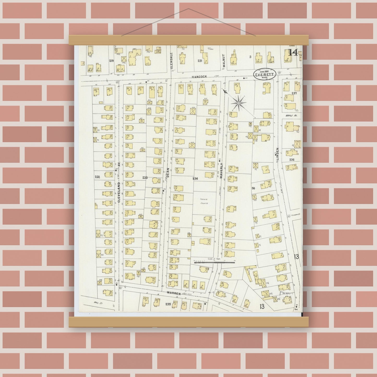 Old map wall art mockup — magnetic wood frame on brick wall — Sanborn Fire Insurance Map from Everett, Middlesex County, Massachusetts (1897), Sheet #0014