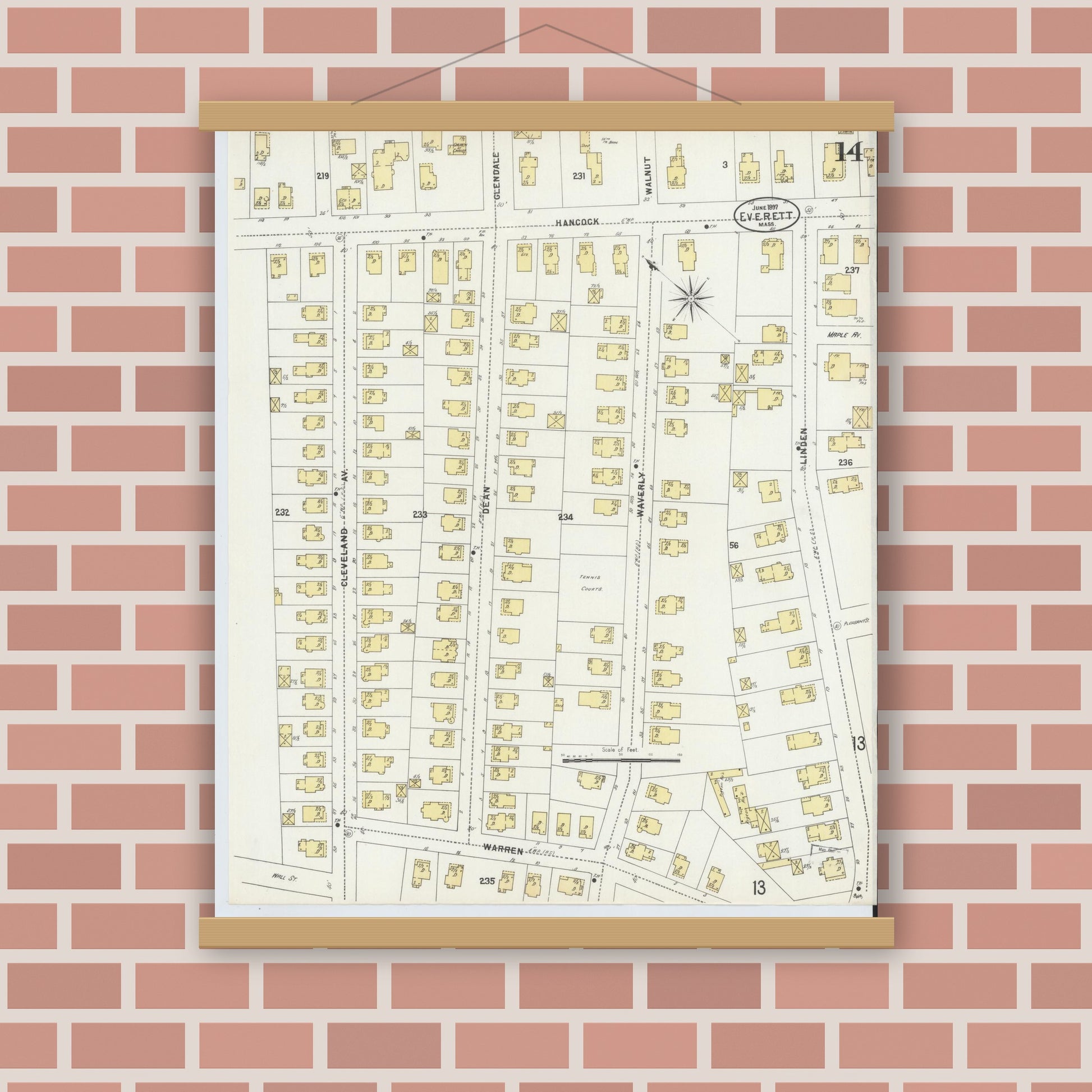 Old map wall art mockup — magnetic wood frame on brick wall — Sanborn Fire Insurance Map from Everett, Middlesex County, Massachusetts (1897), Sheet #0014