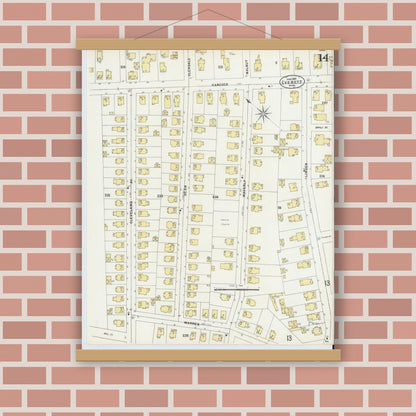 Old map wall art mockup — magnetic wood frame on brick wall — Sanborn Fire Insurance Map from Everett, Middlesex County, Massachusetts (1897), Sheet #0014