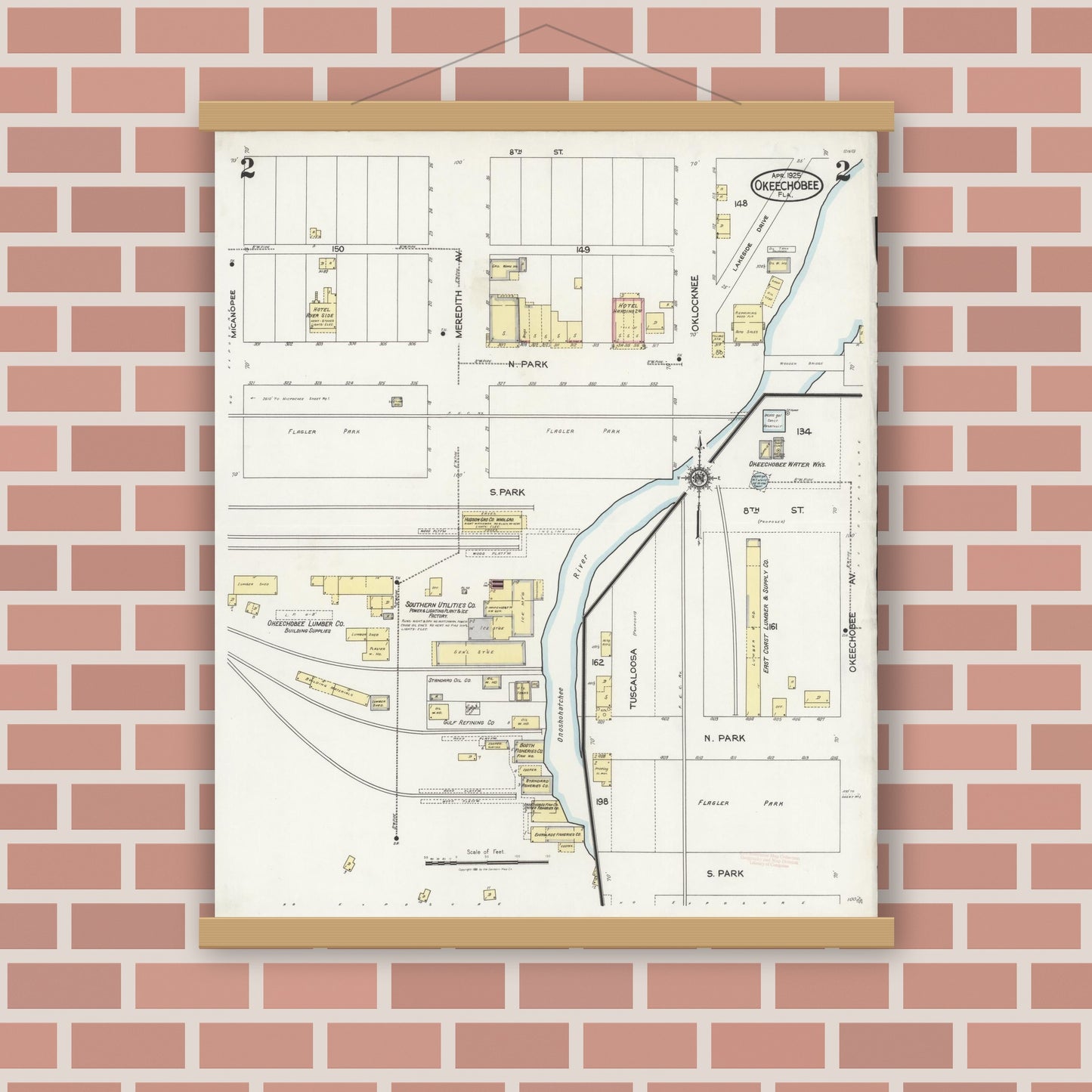 Old map wall art mockup — magnetic wood frame on brick wall — Sanborn Fire Insurance Map from Okeechobee, Okeechobee County, Florida (1925), Sheet #0002