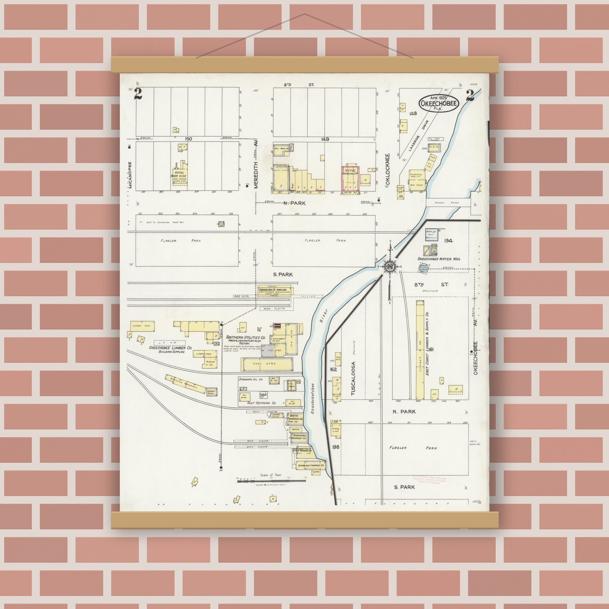 Old map wall art mockup — magnetic wood frame on brick wall — Sanborn Fire Insurance Map from Okeechobee, Okeechobee County, Florida (1925), Sheet #0002