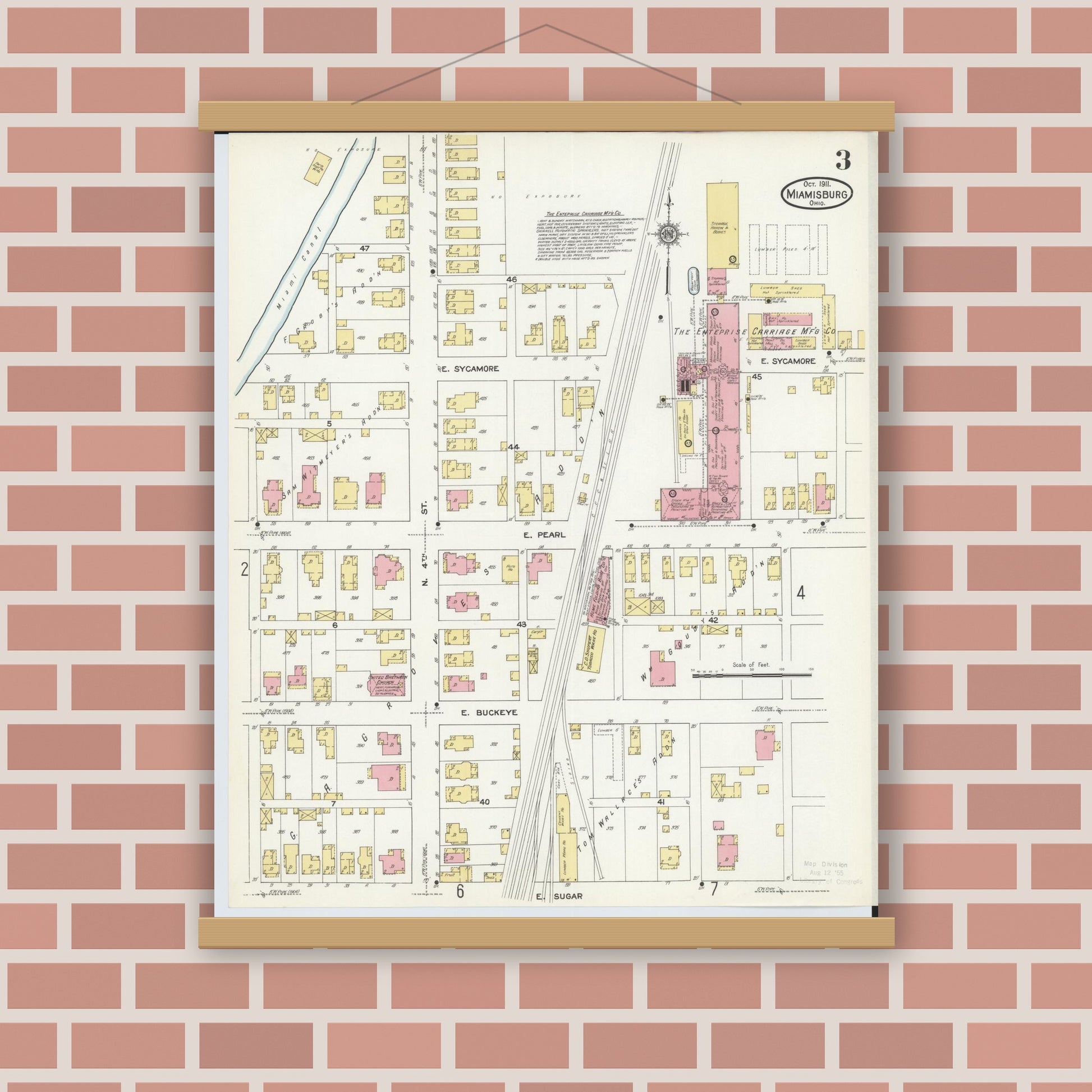 Old map wall art mockup — magnetic wood frame on brick wall — Sanborn Fire Insurance Map from Miamisburg, Montgomery County, Ohio (1911), Sheet #0003