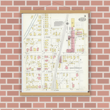 Old map wall art mockup — magnetic wood frame on brick wall — Sanborn Fire Insurance Map from Miamisburg, Montgomery County, Ohio (1911), Sheet #0003