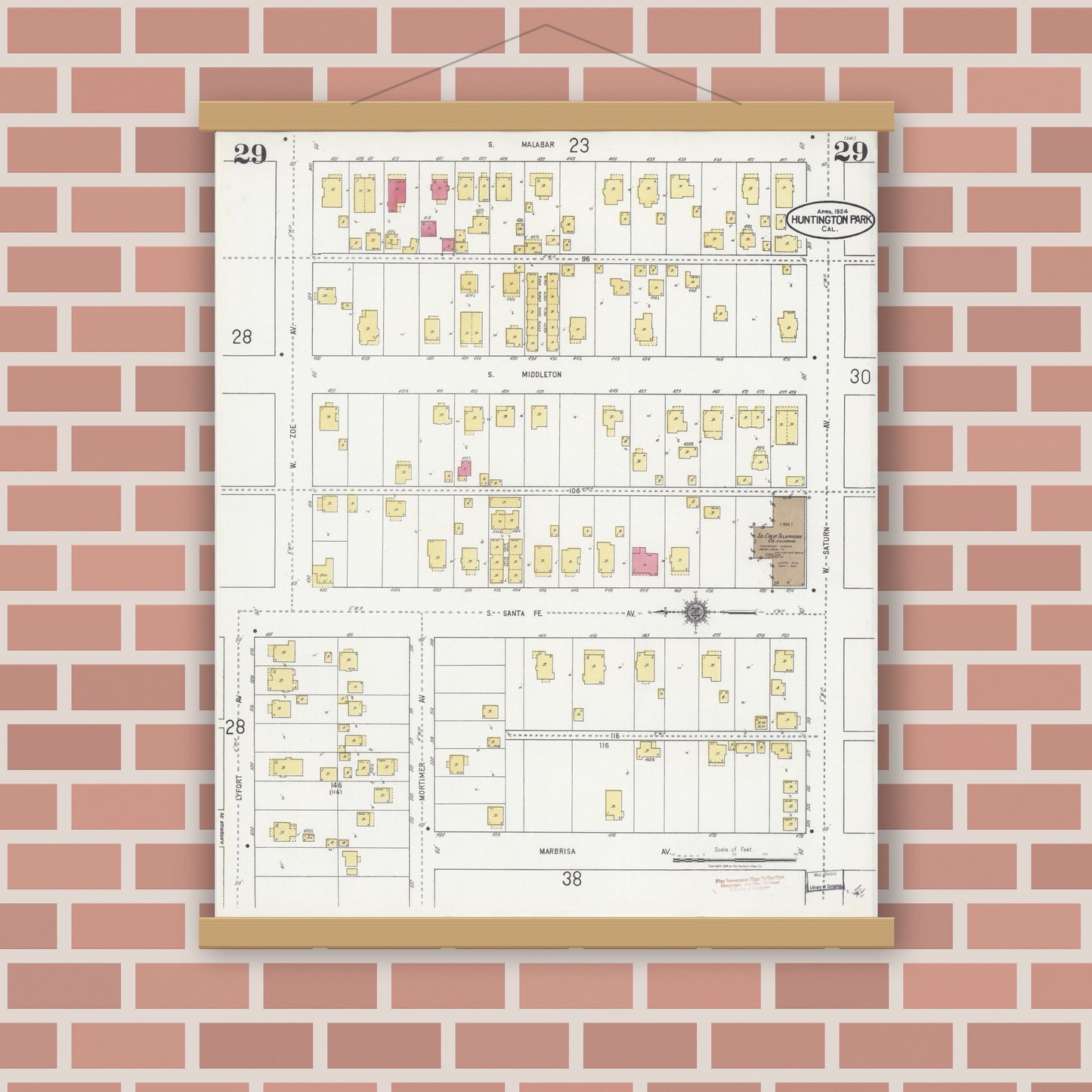 Old map wall art mockup — magnetic wood frame on brick wall — Sanborn Fire Insurance Map from Huntington Park, Los Angeles County, California (1924), Sheet #0029