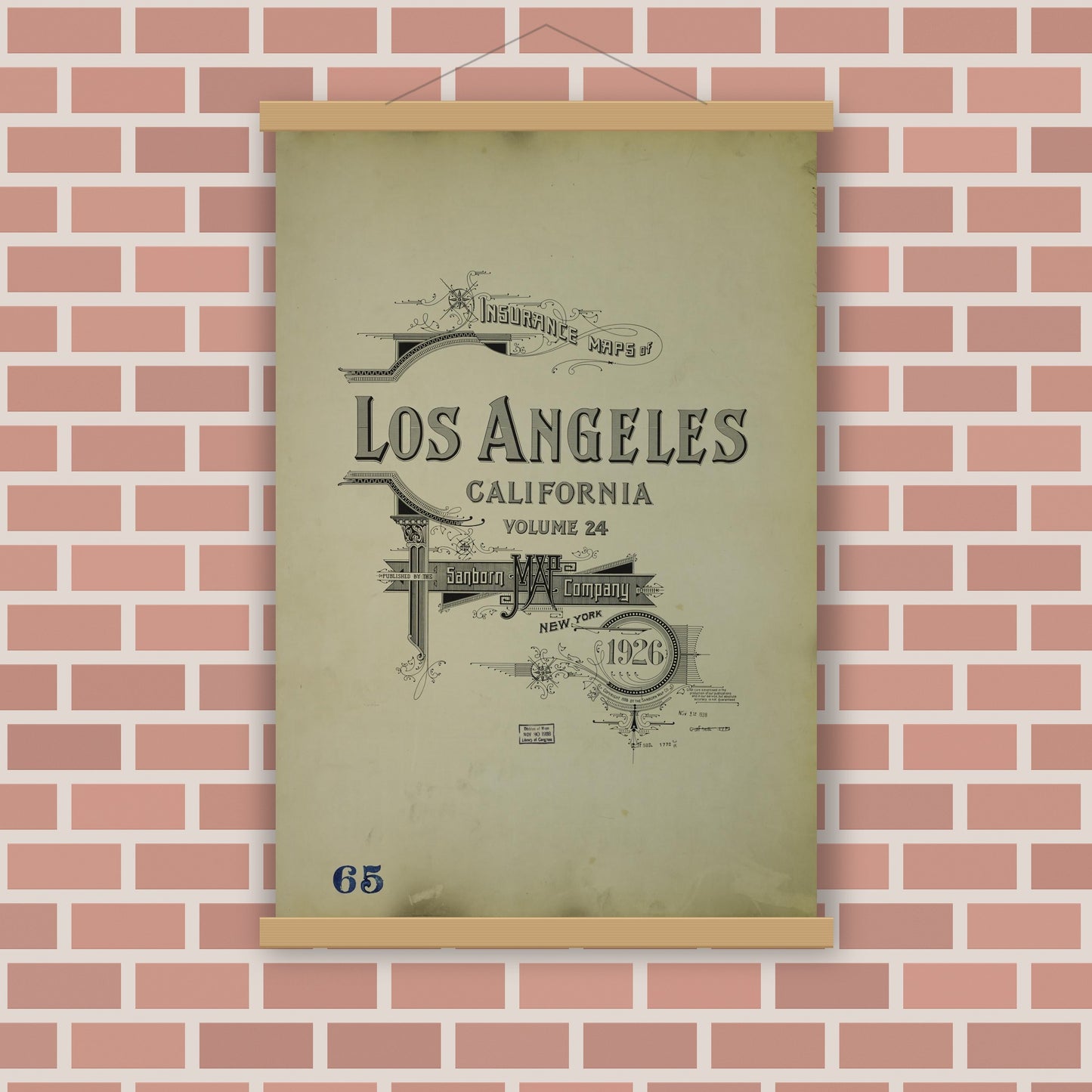 Old map wall art mockup — magnetic wood frame on brick wall — Sanborn Fire Insurance Map from Los Angeles, Los Angeles County, California (1926), Sheet #0001
