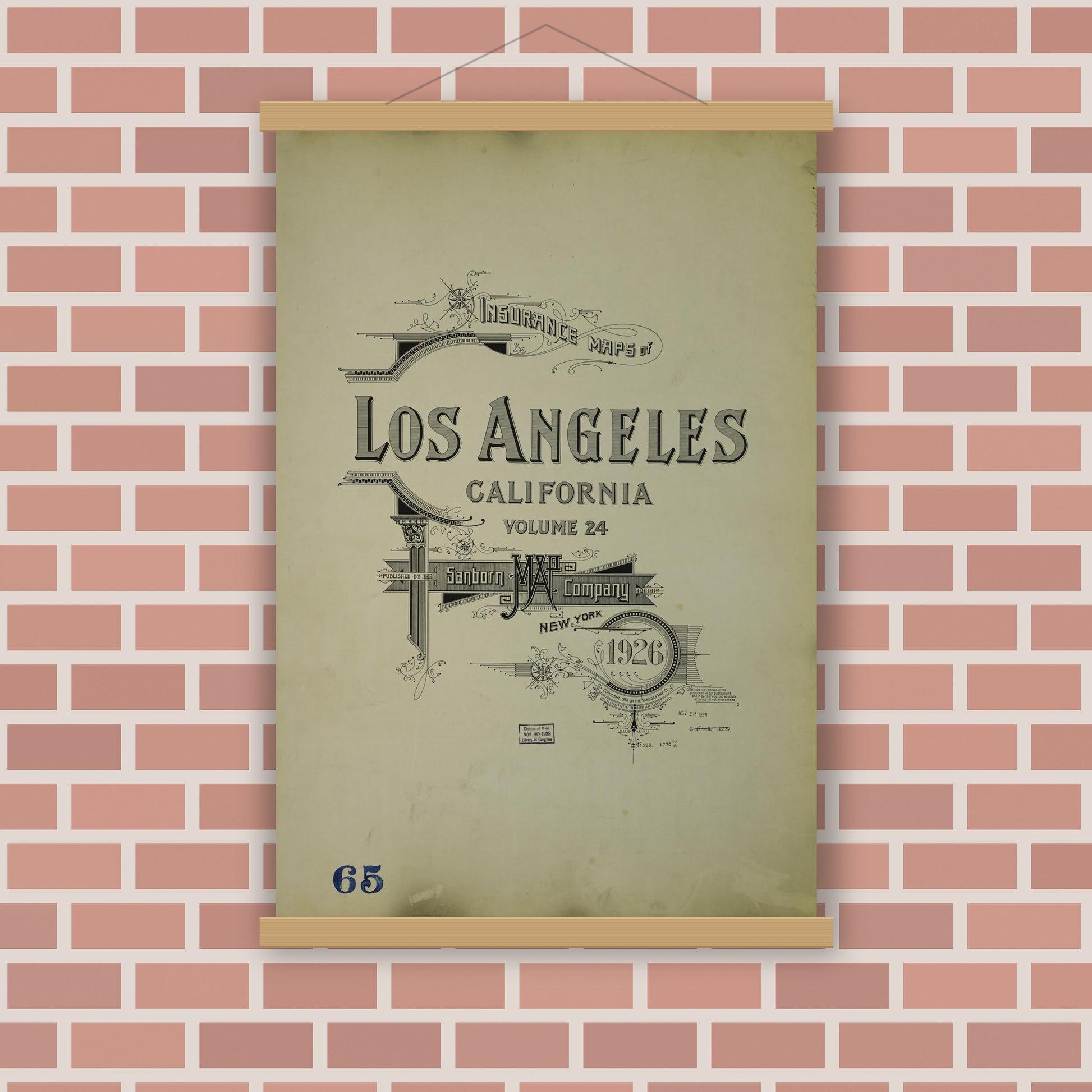 Old map wall art mockup — magnetic wood frame on brick wall — Sanborn Fire Insurance Map from Los Angeles, Los Angeles County, California (1926), Sheet #0001