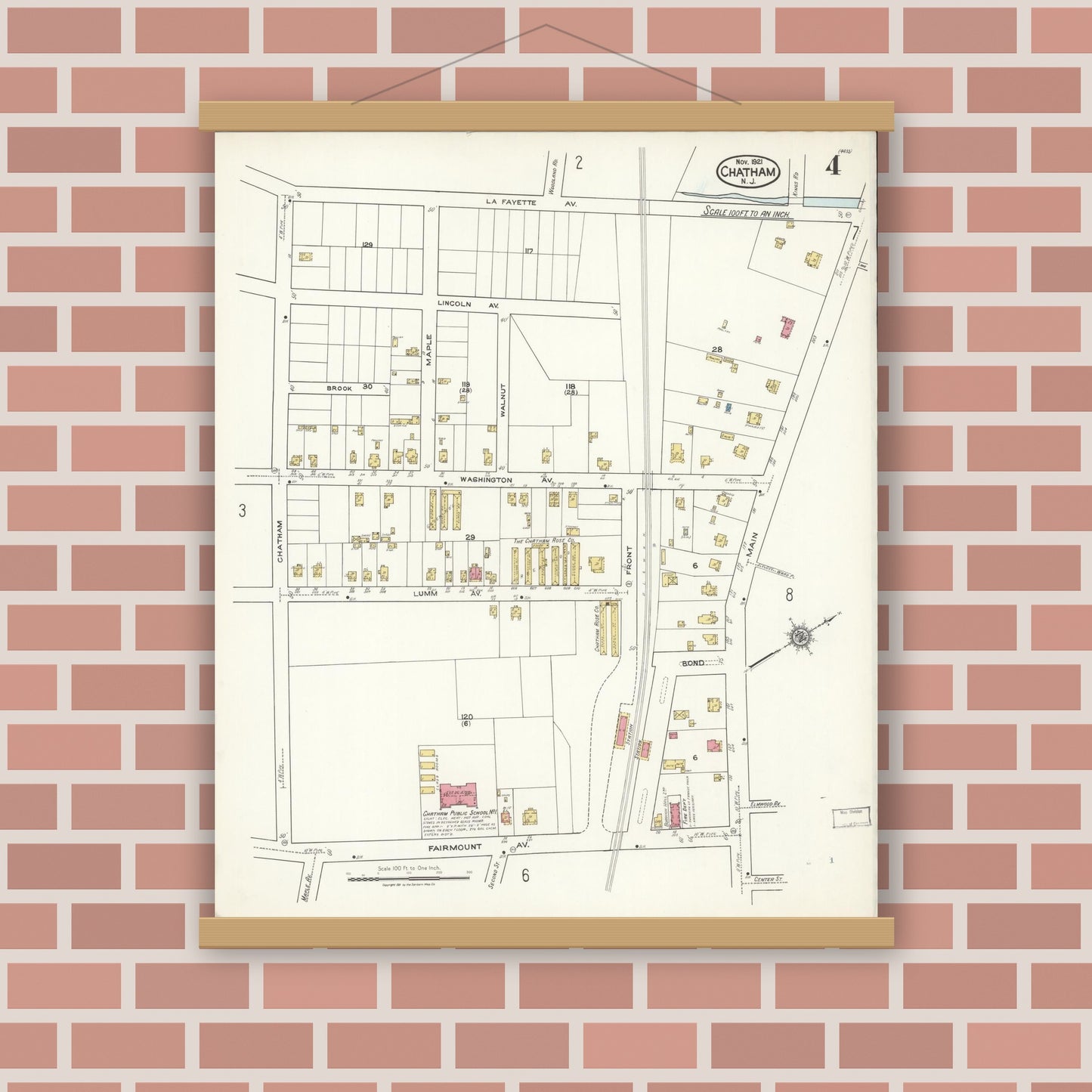 Old map wall art mockup — magnetic wood frame on brick wall — Sanborn Fire Insurance Map from Chatham, Morris County, New Jersey (1921), Sheet #0004