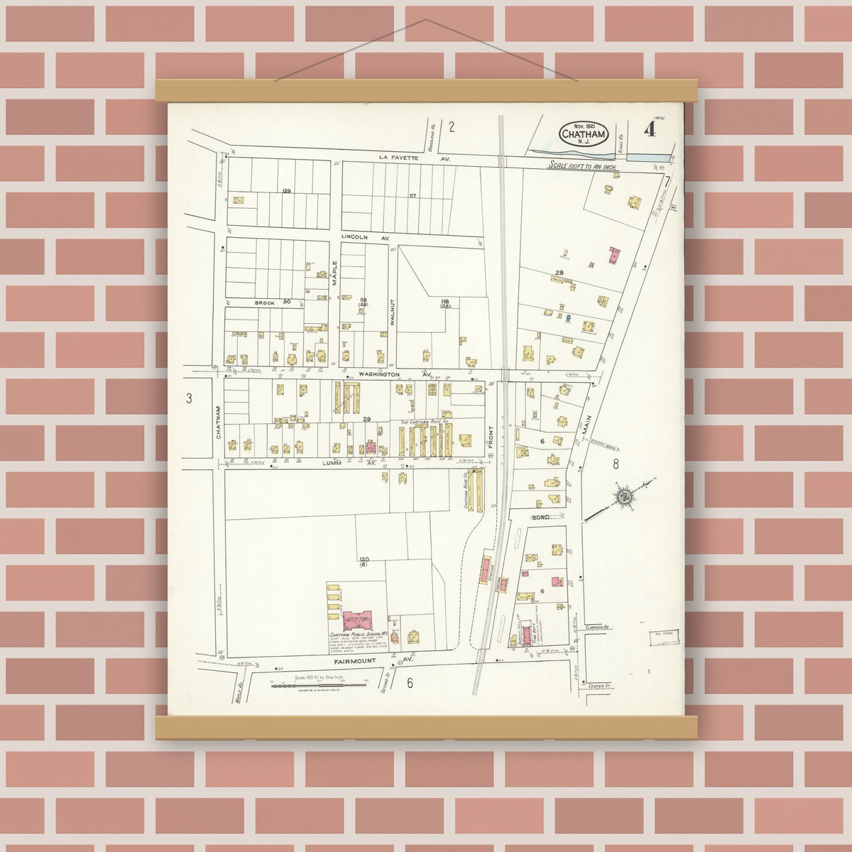 Old map wall art mockup — magnetic wood frame on brick wall — Sanborn Fire Insurance Map from Chatham, Morris County, New Jersey (1921), Sheet #0004
