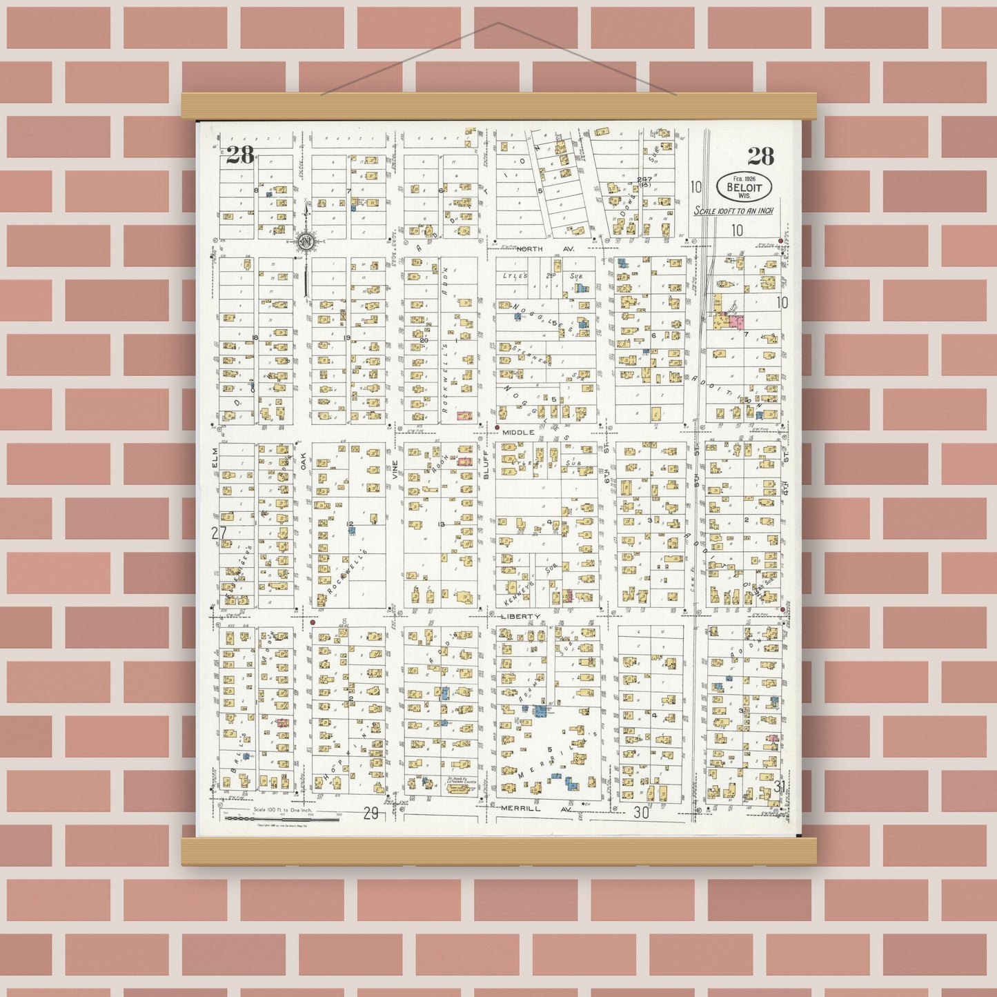 Old map wall art mockup — magnetic wood frame on brick wall — Sanborn Fire Insurance Map from Beloit, Rock County, Wisconsin (1926), Sheet #0028
