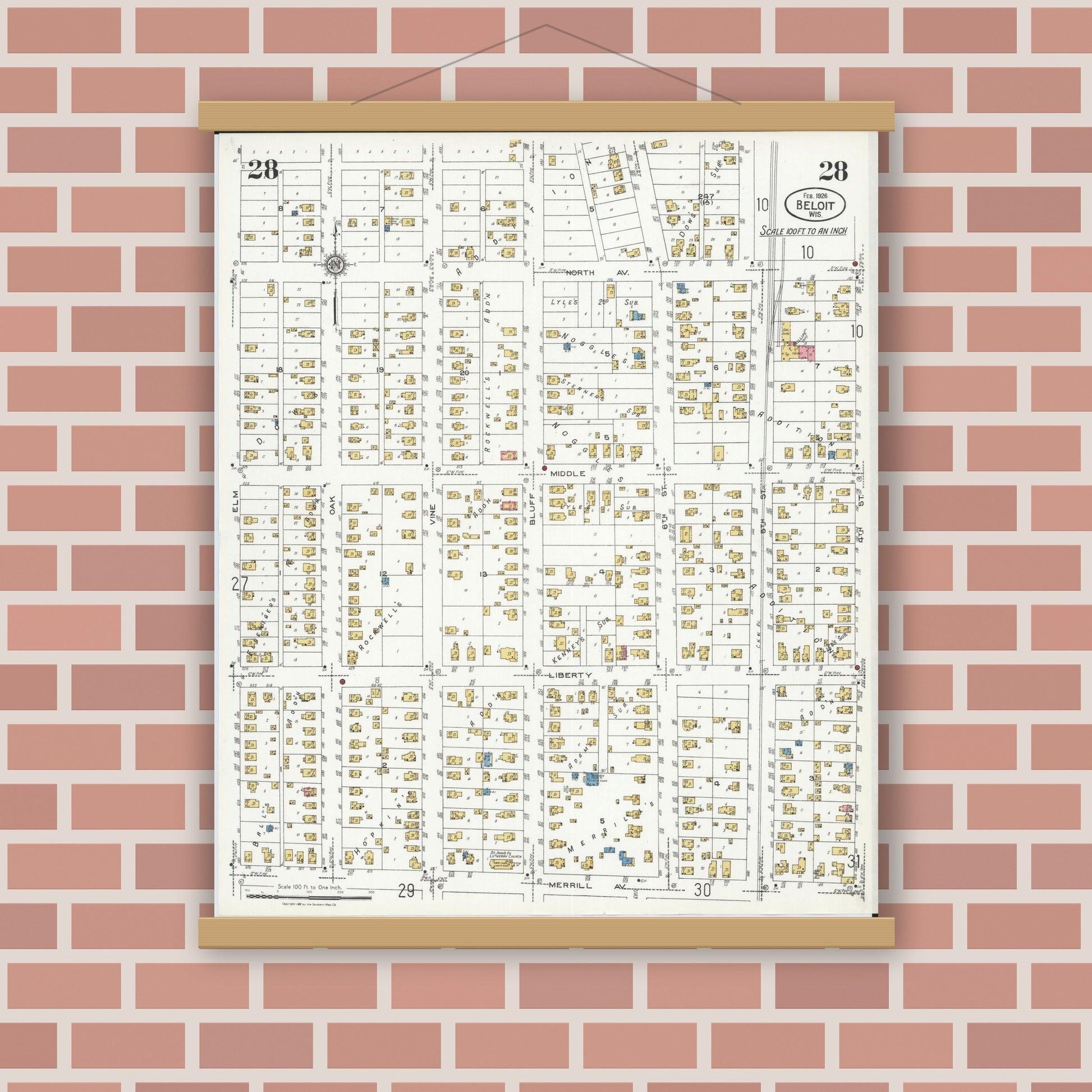 Old map wall art mockup — magnetic wood frame on brick wall — Sanborn Fire Insurance Map from Beloit, Rock County, Wisconsin (1926), Sheet #0028