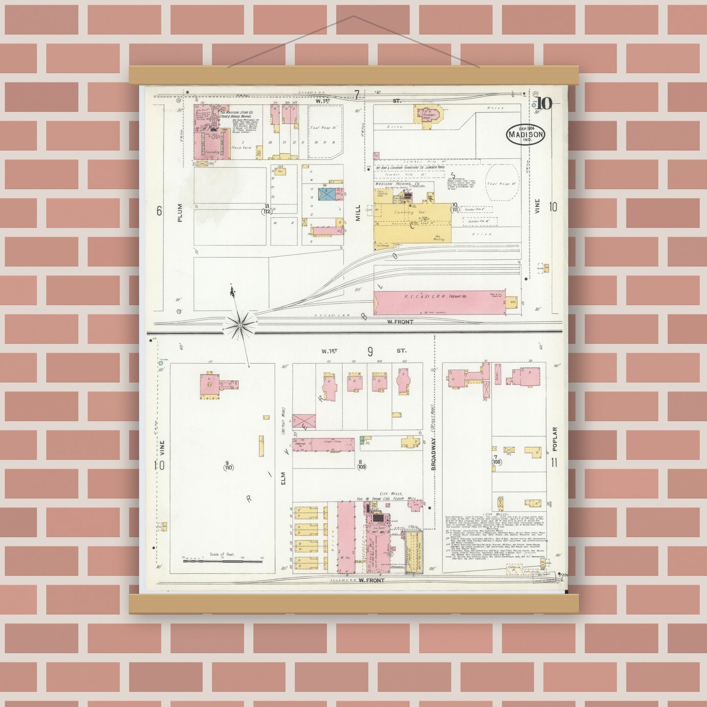 Old map wall art mockup — magnetic wood frame on brick wall — Sanborn Fire Insurance Map from Madison, Jefferson County, Indiana (1904), Sheet #0010