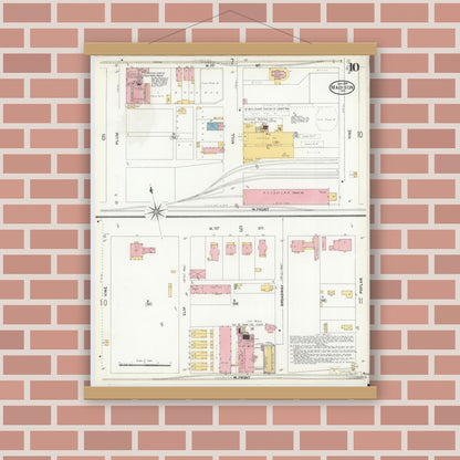 Old map wall art mockup — magnetic wood frame on brick wall — Sanborn Fire Insurance Map from Madison, Jefferson County, Indiana (1904), Sheet #0010