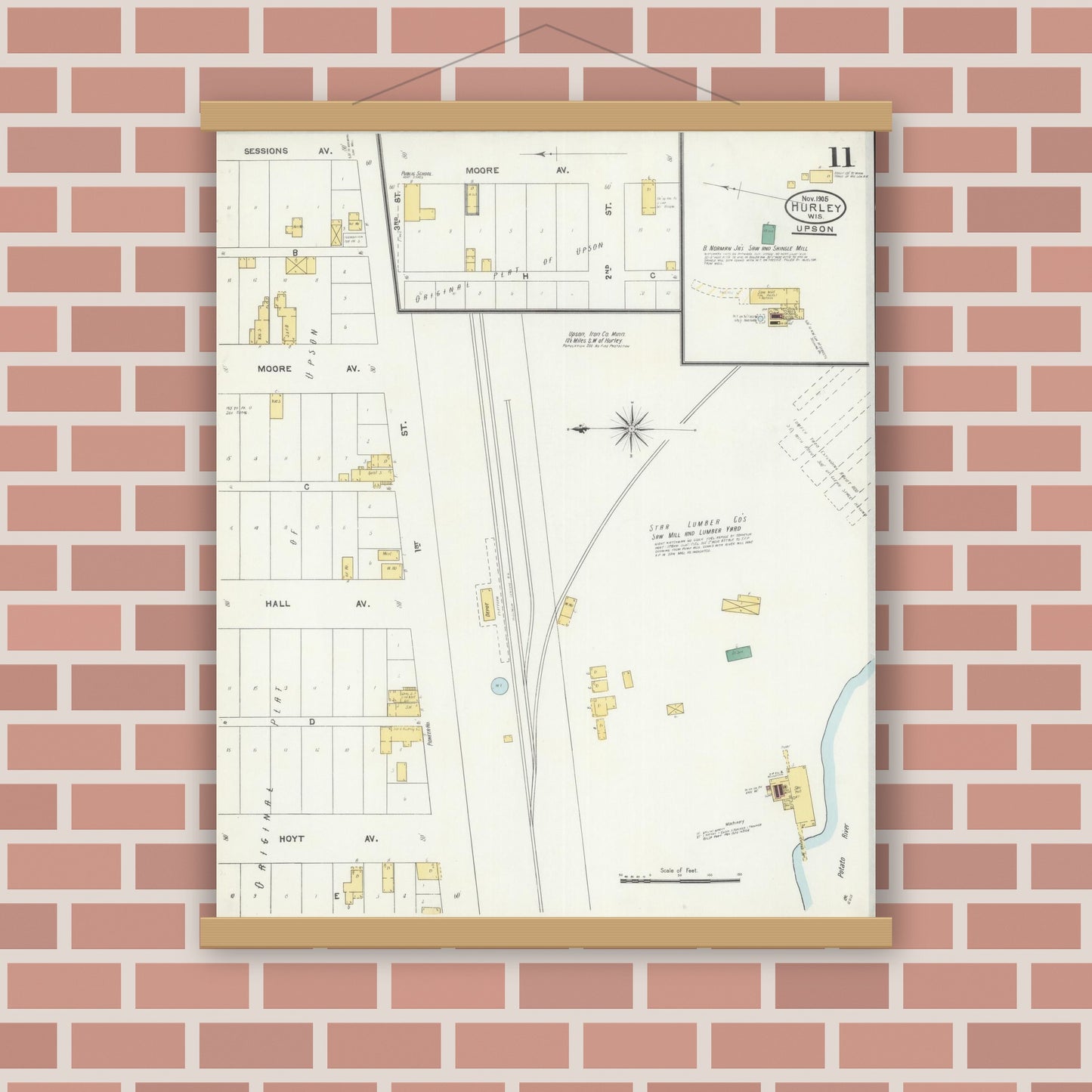 Old map wall art mockup — magnetic wood frame on brick wall — Sanborn Fire Insurance Map from Hurley, Iron County, Wisconsin (1905), Sheet #0011