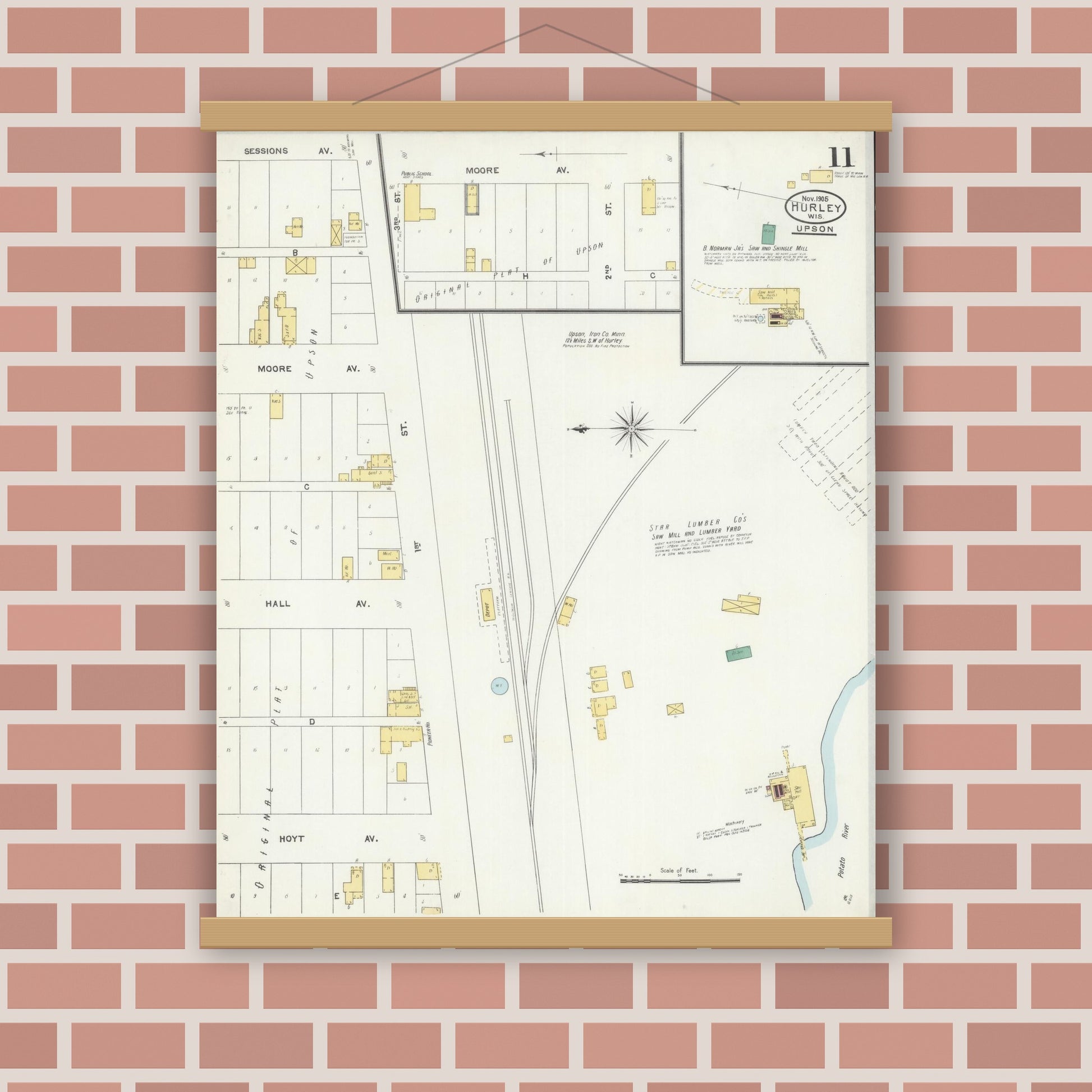 Old map wall art mockup — magnetic wood frame on brick wall — Sanborn Fire Insurance Map from Hurley, Iron County, Wisconsin (1905), Sheet #0011
