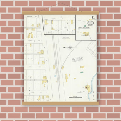 Old map wall art mockup — magnetic wood frame on brick wall — Sanborn Fire Insurance Map from Hurley, Iron County, Wisconsin (1905), Sheet #0011