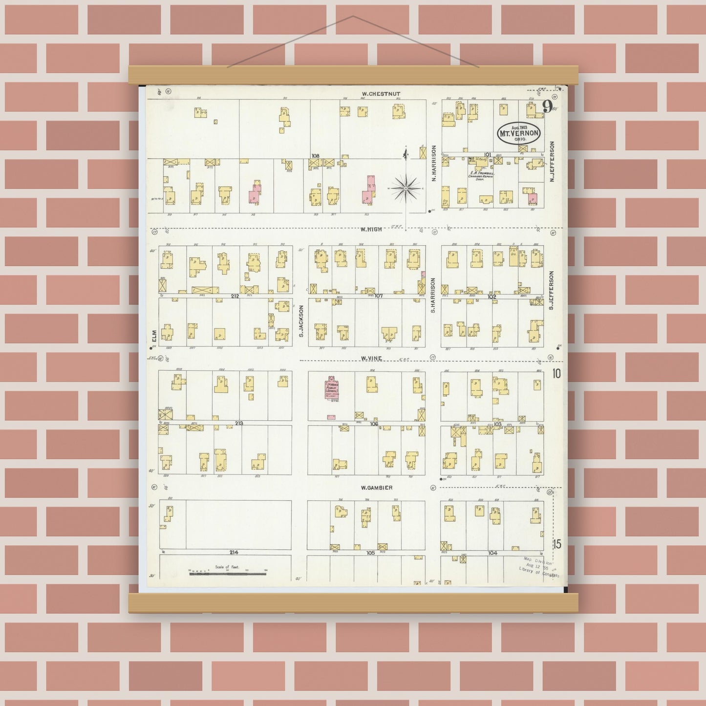 Old map wall art mockup — magnetic wood frame on brick wall — Sanborn Fire Insurance Map from Mount Vernon, Knox County, Ohio (1903), Sheet #0009