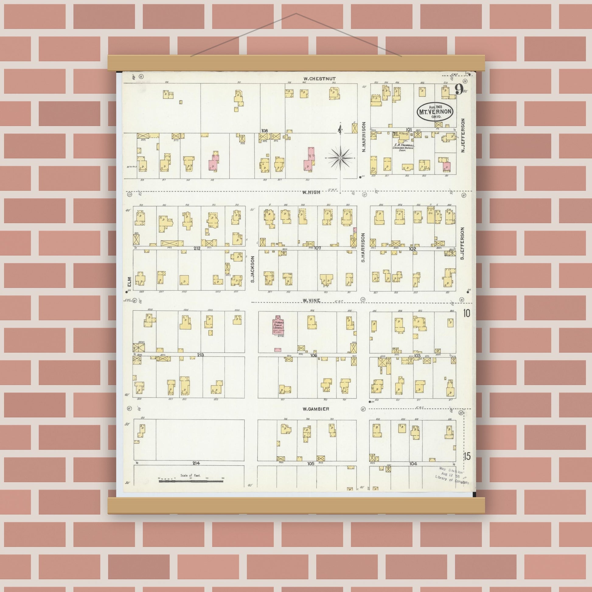 Old map wall art mockup — magnetic wood frame on brick wall — Sanborn Fire Insurance Map from Mount Vernon, Knox County, Ohio (1903), Sheet #0009