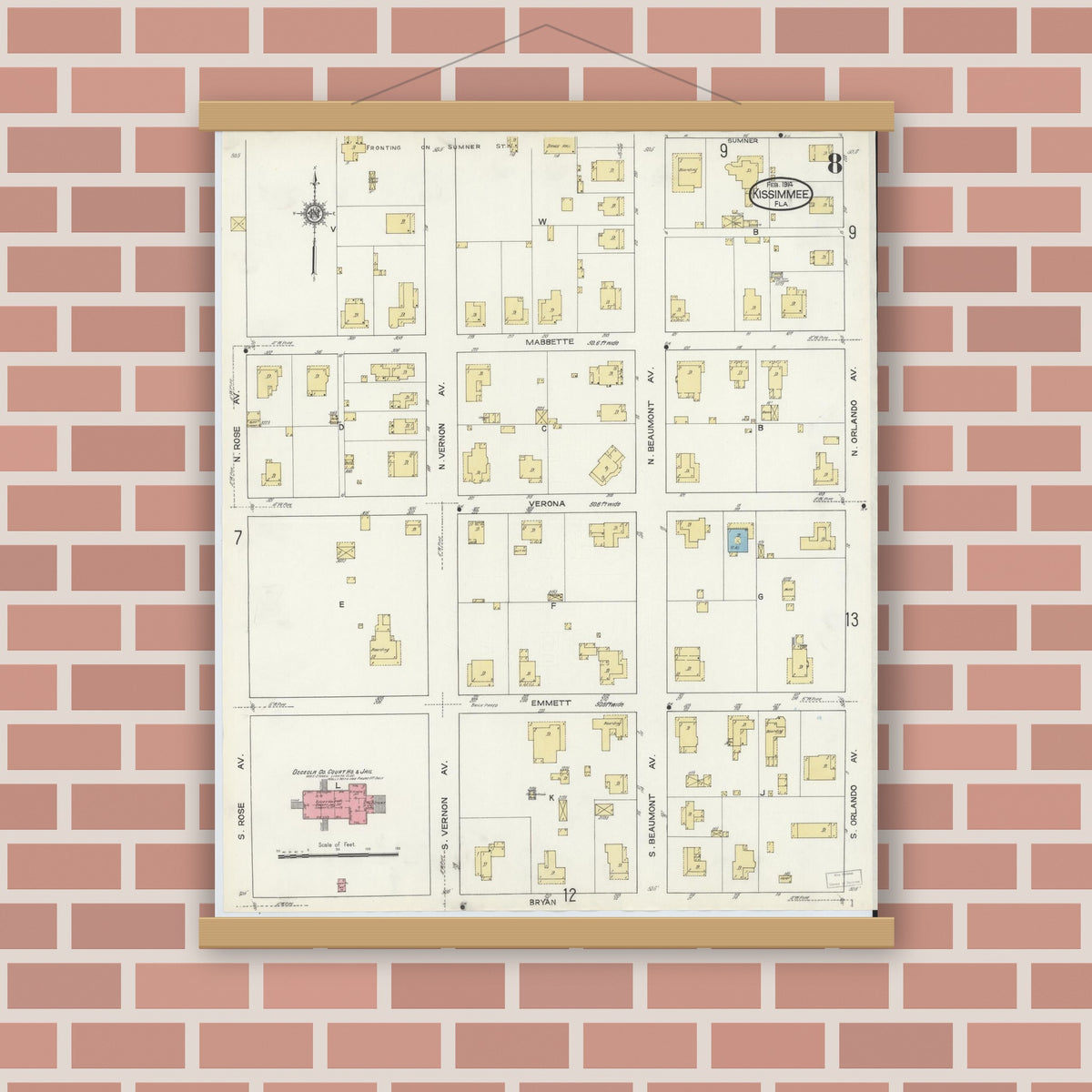 Old map wall art mockup — magnetic wood frame on brick wall — Sanborn Fire Insurance Map from Kissimmee, Osceola County, Florida (1914), Sheet #0008