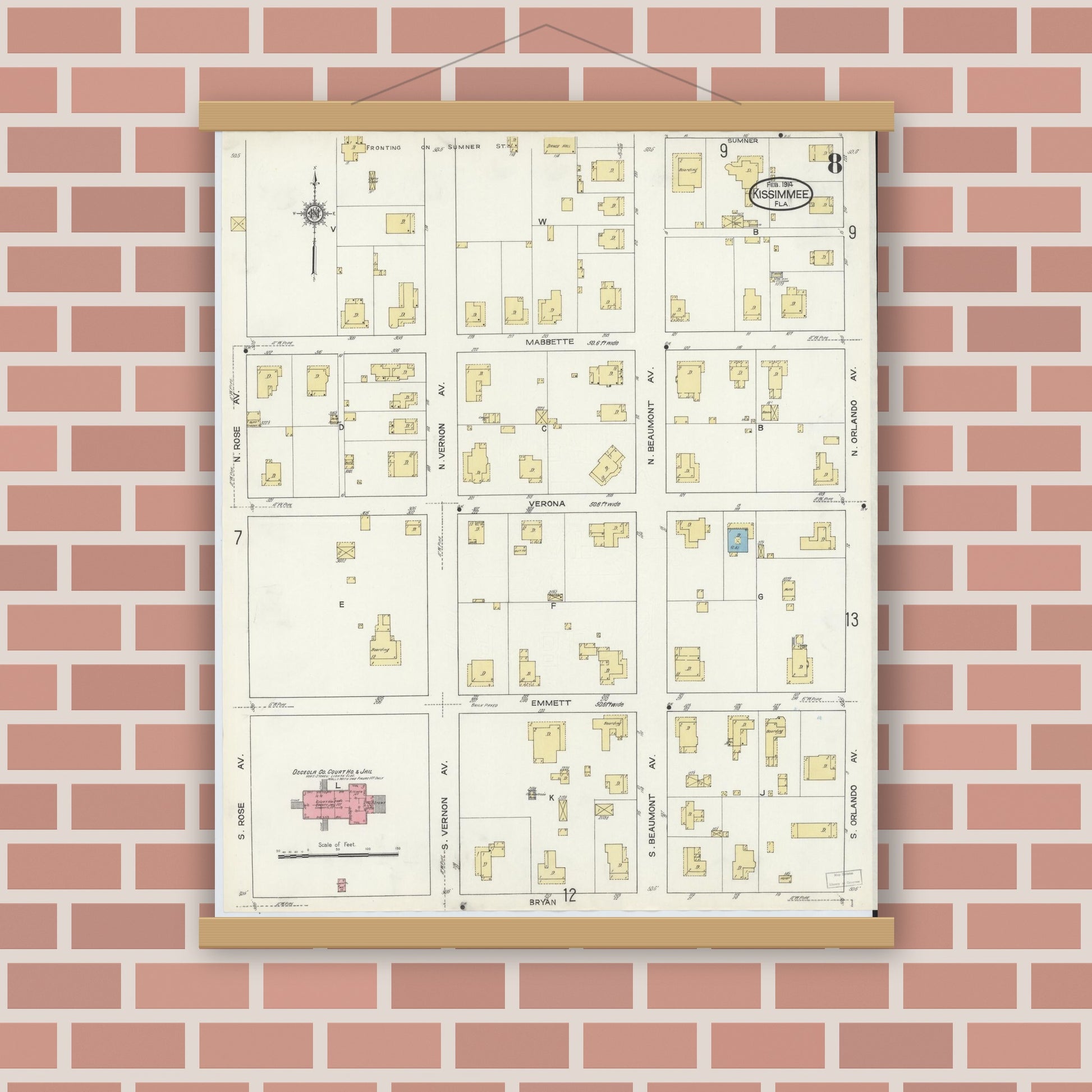 Old map wall art mockup — magnetic wood frame on brick wall — Sanborn Fire Insurance Map from Kissimmee, Osceola County, Florida (1914), Sheet #0008