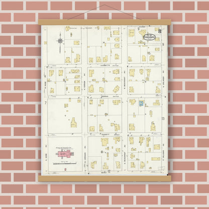 Old map wall art mockup — magnetic wood frame on brick wall — Sanborn Fire Insurance Map from Kissimmee, Osceola County, Florida (1914), Sheet #0008