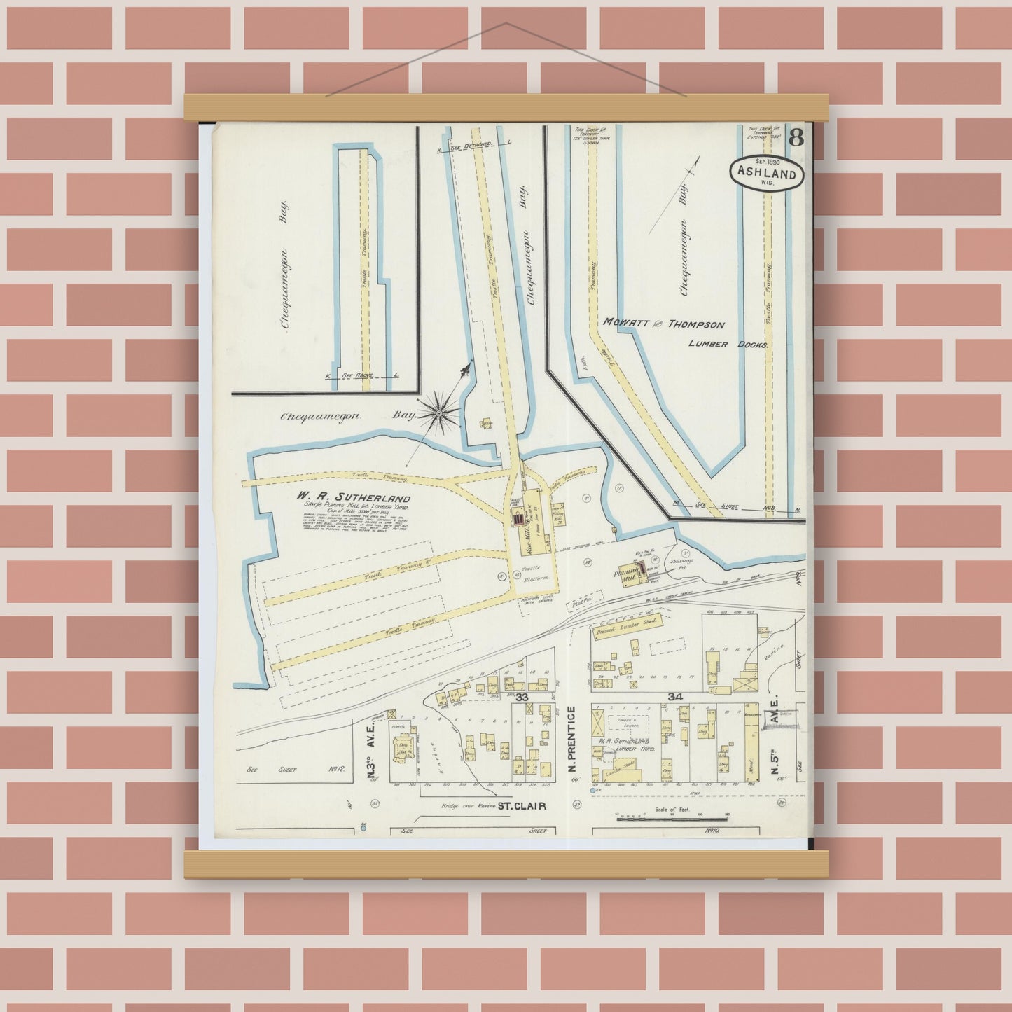 Old map wall art mockup — magnetic wood frame on brick wall — Sanborn Fire Insurance Map from Ashland, Ashland County, Wisconsin (1890), Sheet #0008