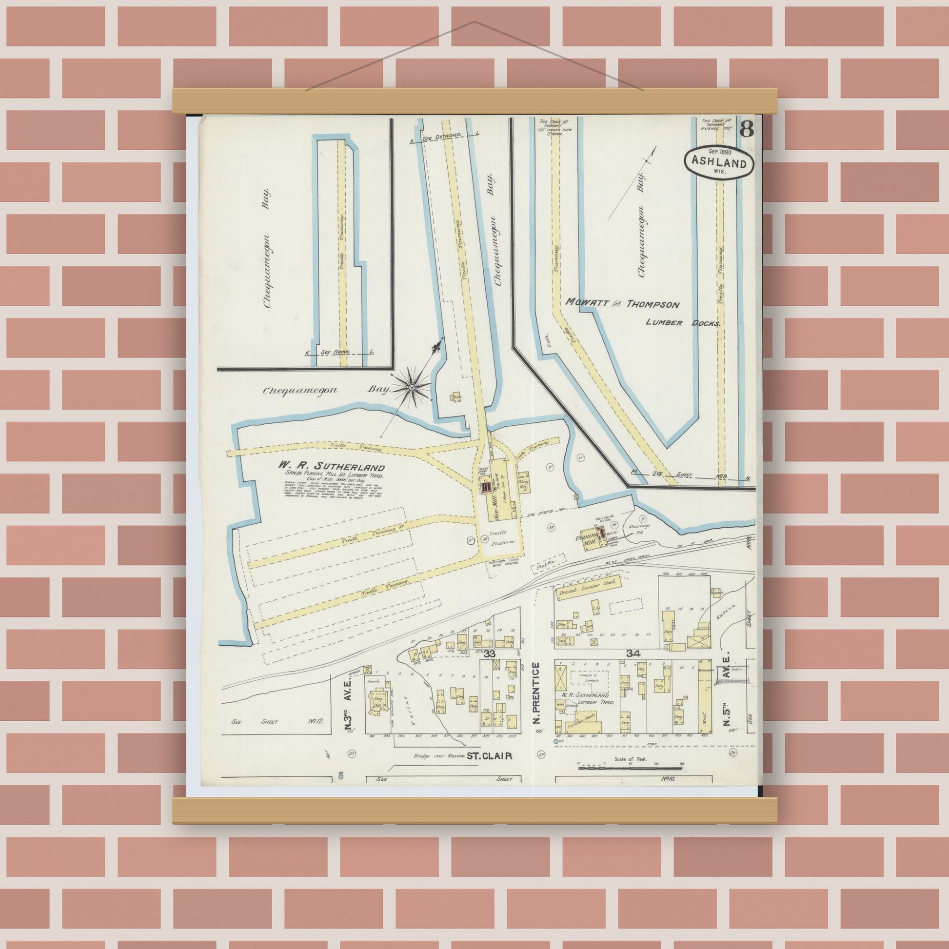 Old map wall art mockup — magnetic wood frame on brick wall — Sanborn Fire Insurance Map from Ashland, Ashland County, Wisconsin (1890), Sheet #0008