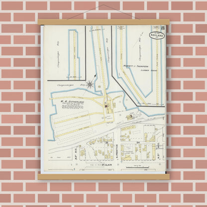 Old map wall art mockup — magnetic wood frame on brick wall — Sanborn Fire Insurance Map from Ashland, Ashland County, Wisconsin (1890), Sheet #0008