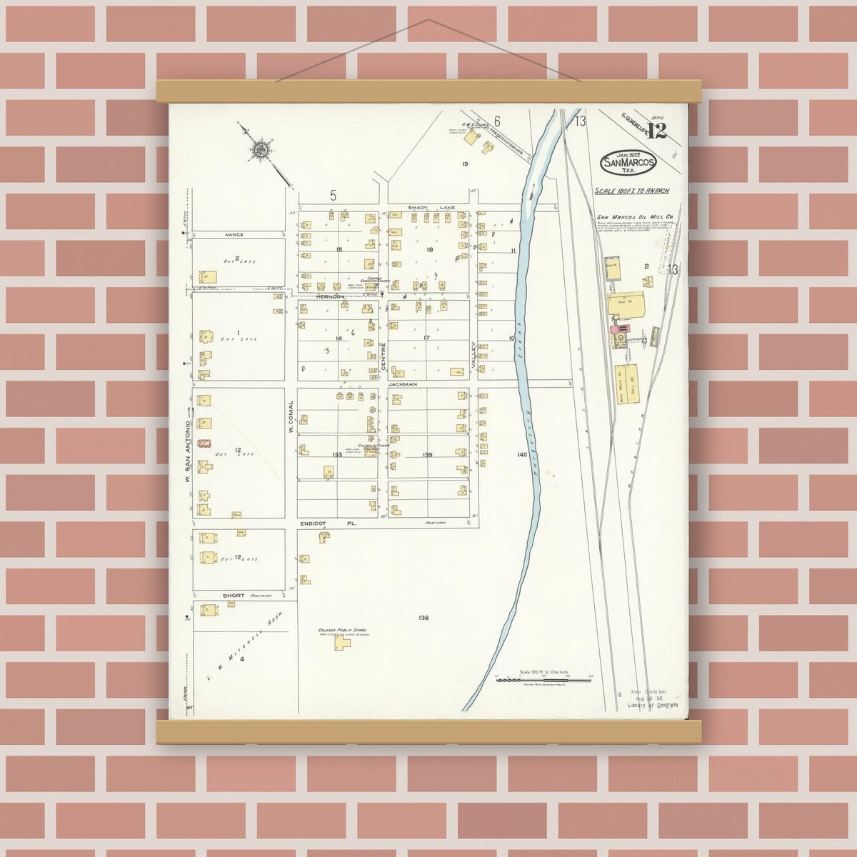 Old map wall art mockup — magnetic wood frame on brick wall — Sanborn Fire Insurance Map from San Marcos, Hays County, Texas (1922), Sheet #0012