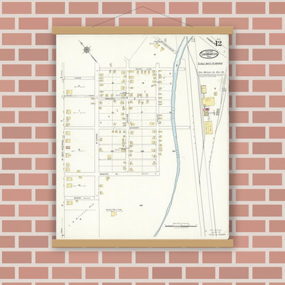 Old map wall art mockup — magnetic wood frame on brick wall — Sanborn Fire Insurance Map from San Marcos, Hays County, Texas (1922), Sheet #0012