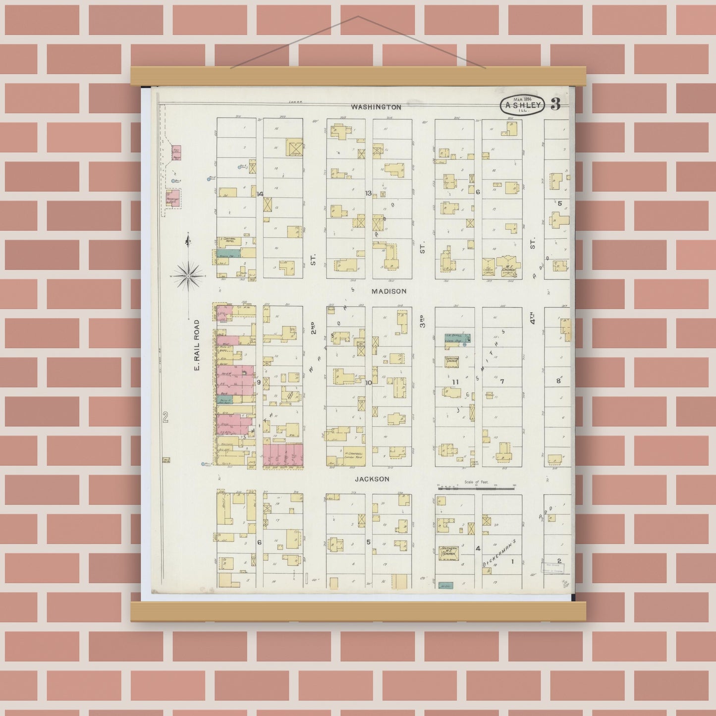 Old map wall art mockup — magnetic wood frame on brick wall — Sanborn Fire Insurance Map from Ashley, Washington County, Illinois (1894), Sheet #0003