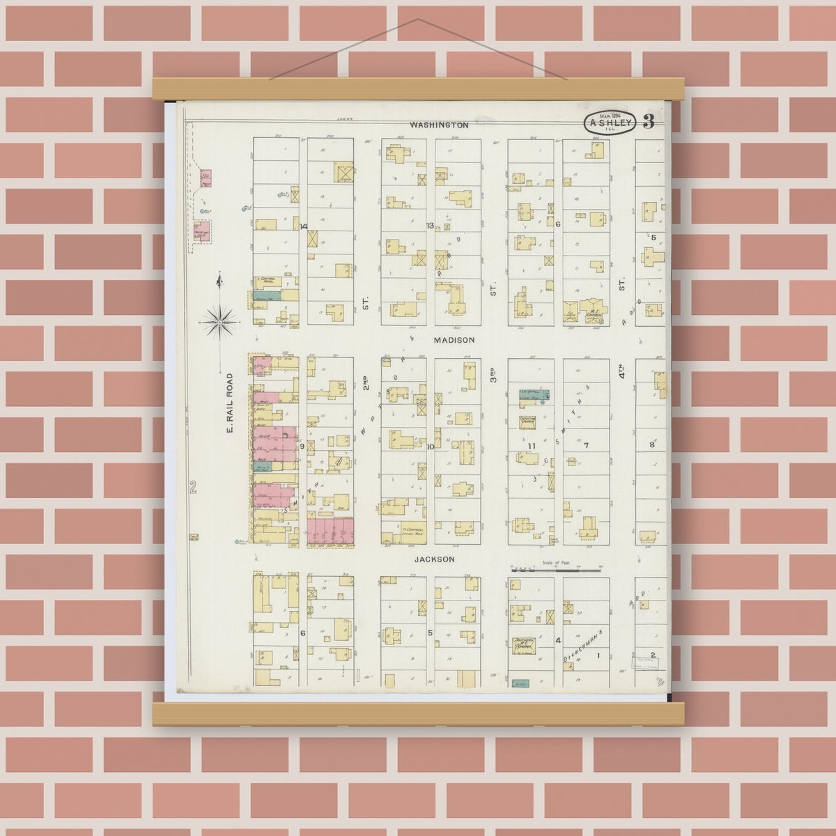 Old map wall art mockup — magnetic wood frame on brick wall — Sanborn Fire Insurance Map from Ashley, Washington County, Illinois (1894), Sheet #0003