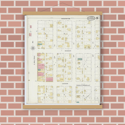 Old map wall art mockup — magnetic wood frame on brick wall — Sanborn Fire Insurance Map from Ashley, Washington County, Illinois (1894), Sheet #0003