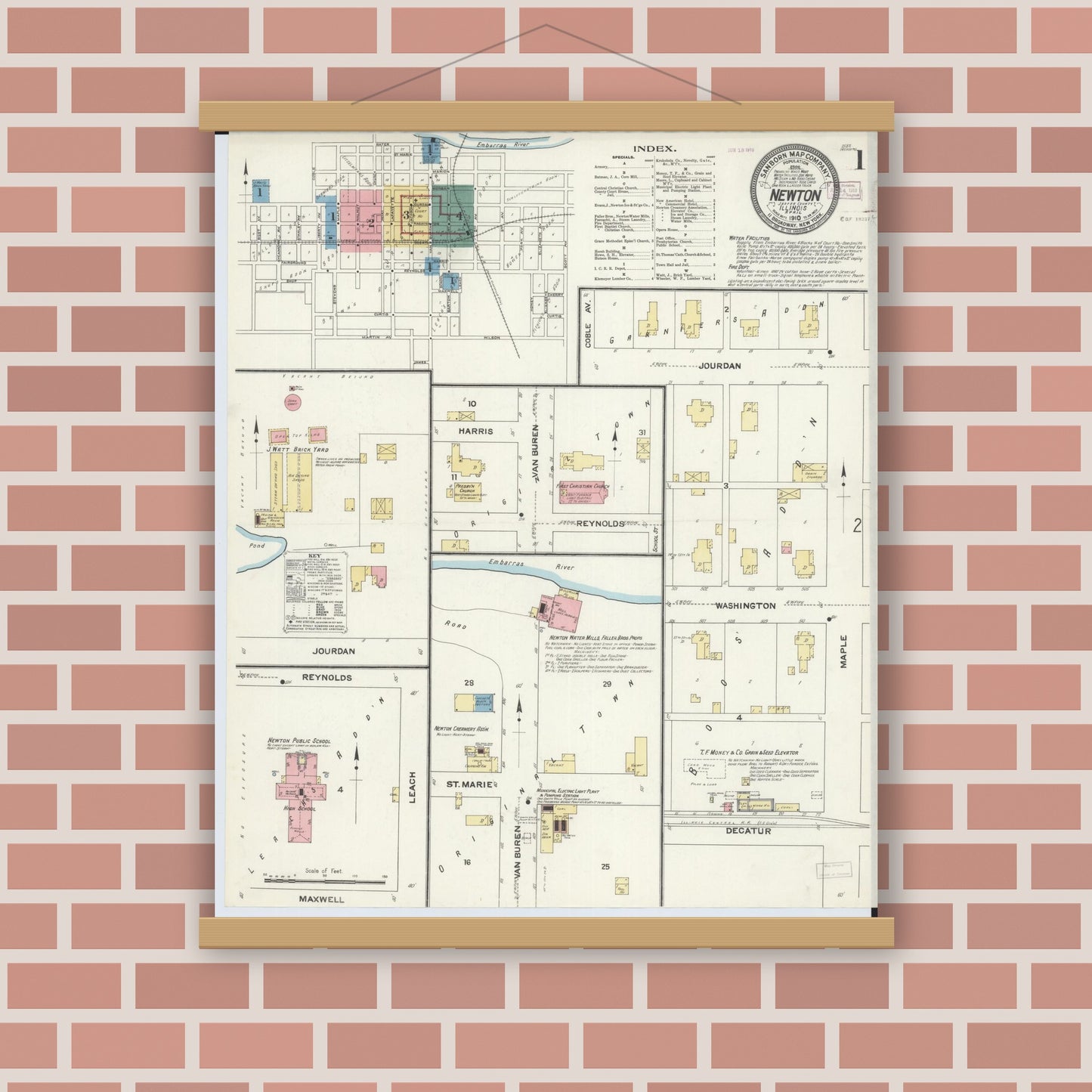 Old map wall art mockup — magnetic wood frame on brick wall — Sanborn Fire Insurance Map from Newton, Jasper County, Illinois (1910), Sheet #0001