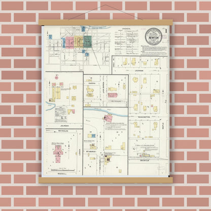 Old map wall art mockup — magnetic wood frame on brick wall — Sanborn Fire Insurance Map from Newton, Jasper County, Illinois (1910), Sheet #0001