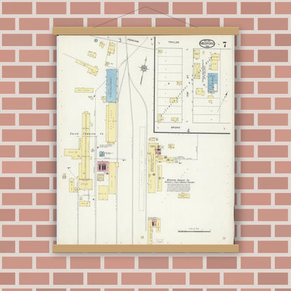 Old map wall art mockup — magnetic wood frame on brick wall — Sanborn Fire Insurance Map from Medford, Taylor County, Wisconsin (1913), Sheet #0007
