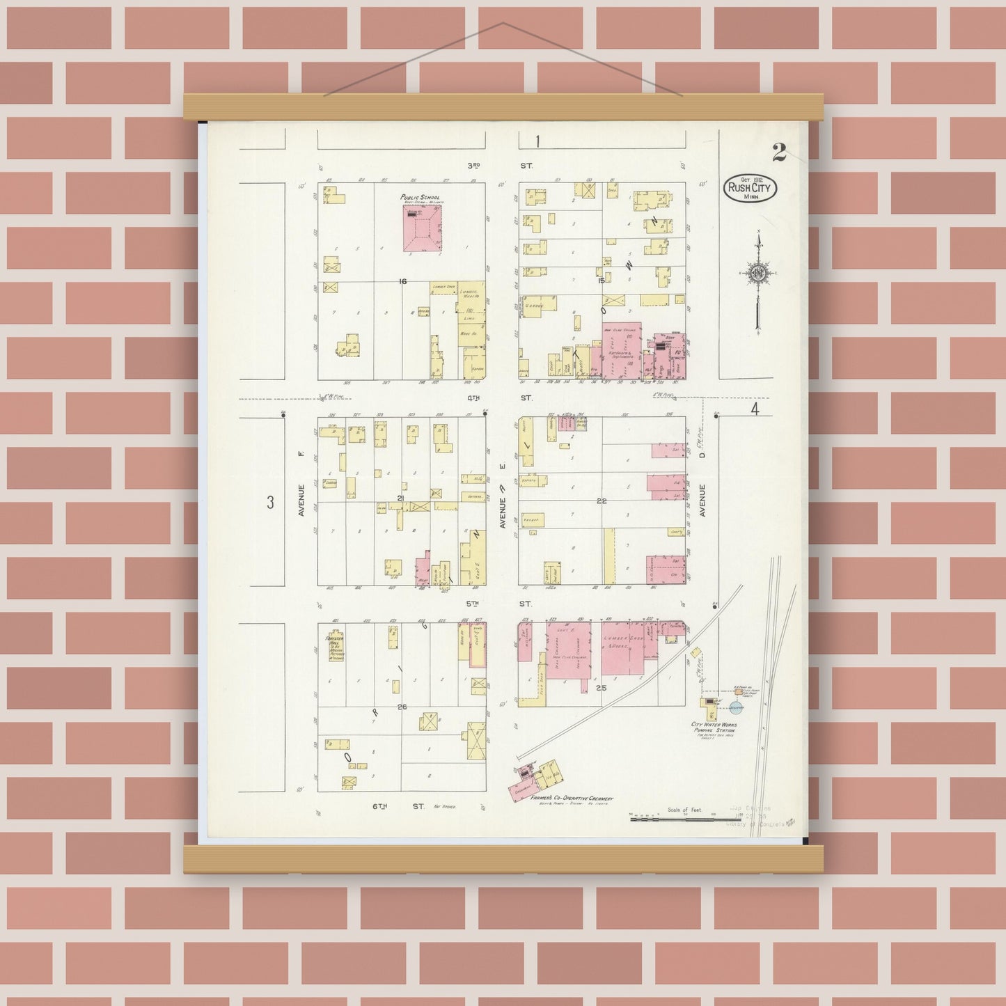 Old map wall art mockup — magnetic wood frame on brick wall — Sanborn Fire Insurance Map from Rush City, Chisago County, Minnesota (1912), Sheet #0002