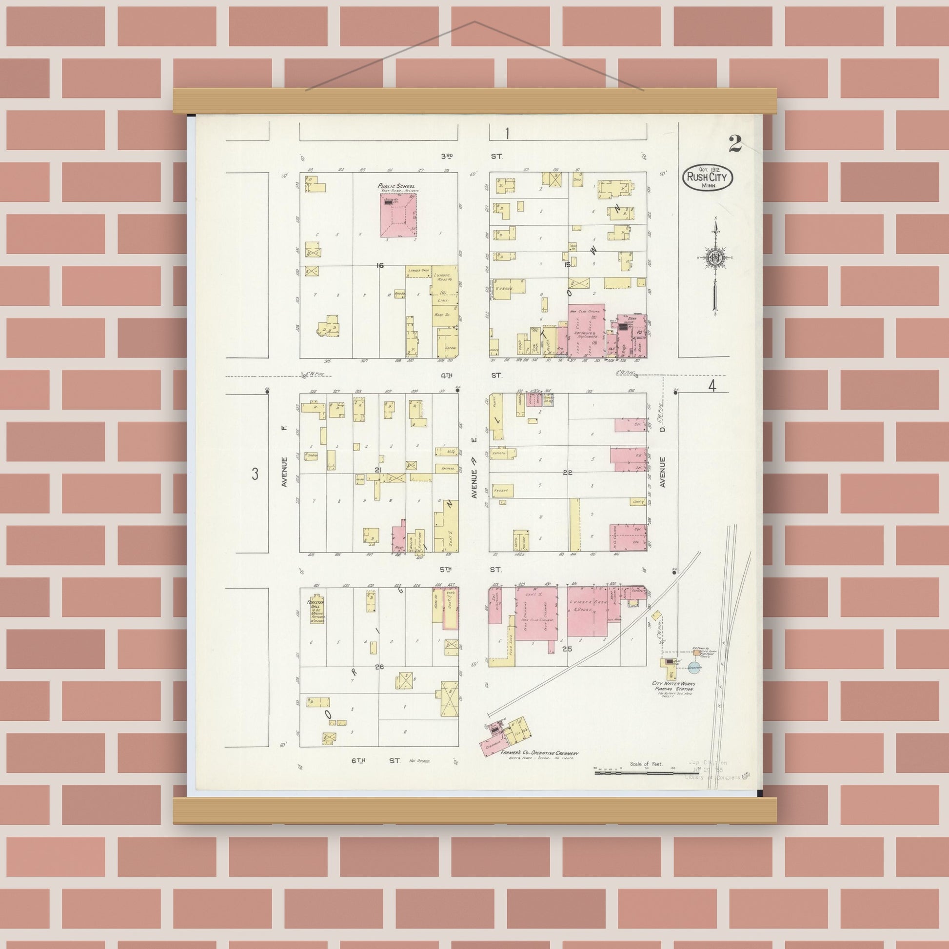 Old map wall art mockup — magnetic wood frame on brick wall — Sanborn Fire Insurance Map from Rush City, Chisago County, Minnesota (1912), Sheet #0002