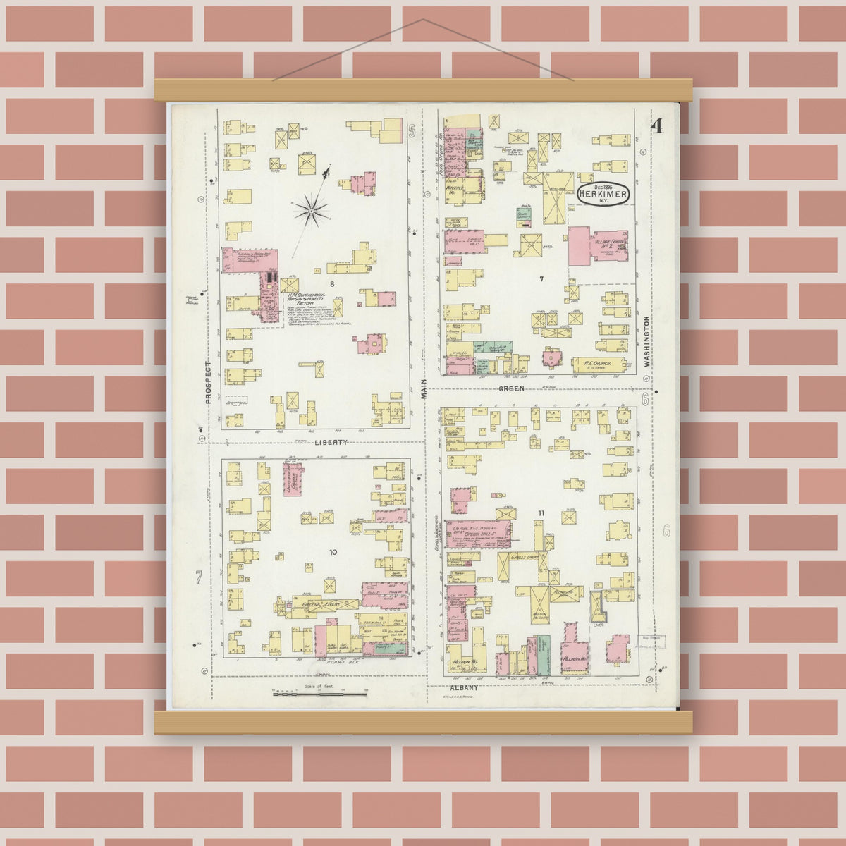 Old map wall art mockup — magnetic wood frame on brick wall — Sanborn Fire Insurance Map from Herkimer, Herkimer County, New York (1895), Sheet #0004