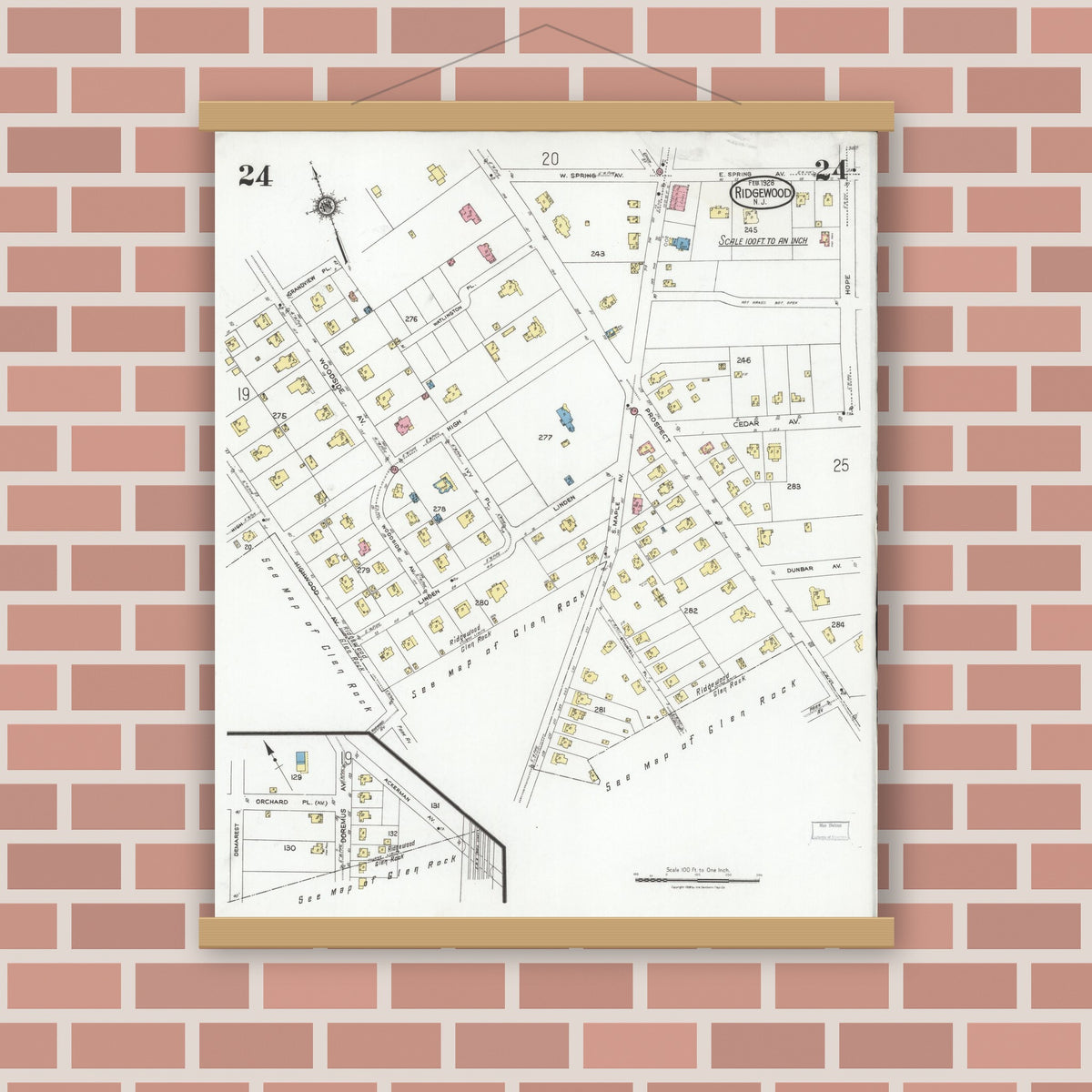 Old map wall art mockup — magnetic wood frame on brick wall — Sanborn Fire Insurance Map from Ridgewood, Bergen County, New Jersey (1928), Sheet #0024