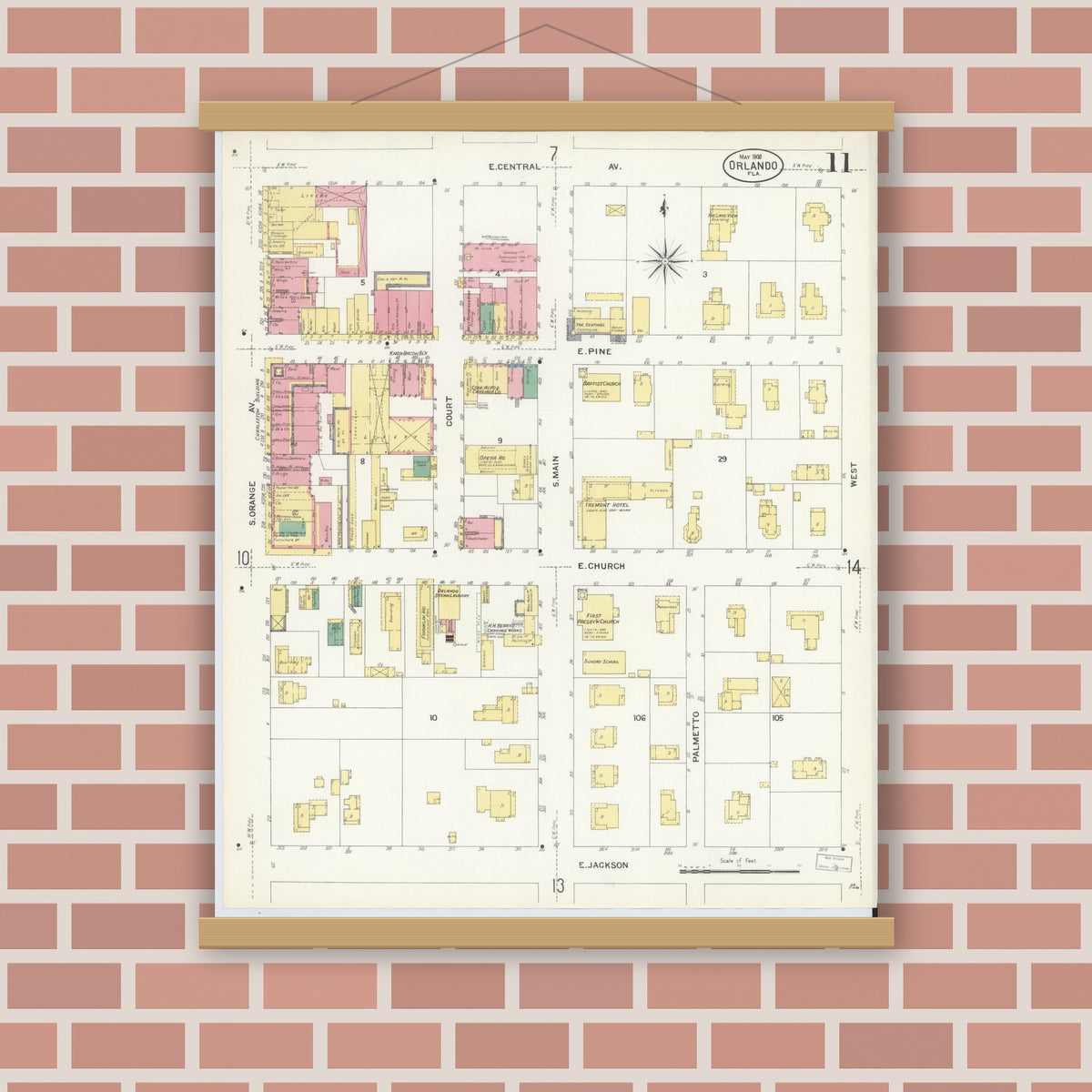 Old map wall art mockup — magnetic wood frame on brick wall — Sanborn Fire Insurance Map from Orlando, Orange County, Florida (1908), Sheet #0011