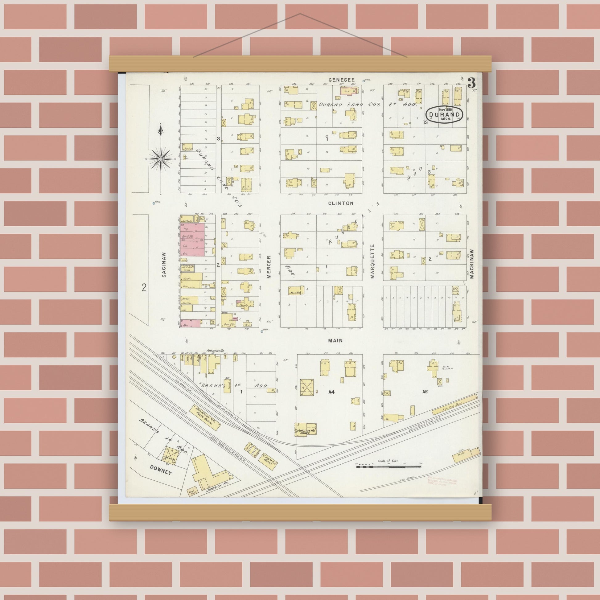 Old map wall art mockup — magnetic wood frame on brick wall — Sanborn Fire Insurance Map from Durand, Shiawassee County, Michigan (1896), Sheet #0003