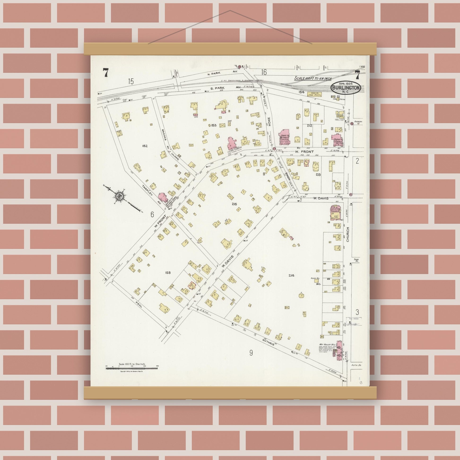 Old map wall art mockup — magnetic wood frame on brick wall — Sanborn Fire Insurance Map from Burlington, Alamance County, North Carolina (1924), Sheet #0007