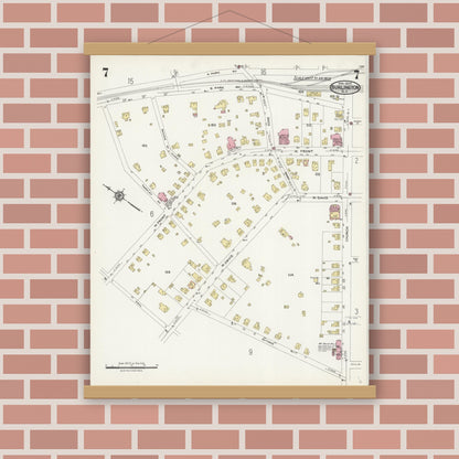 Old map wall art mockup — magnetic wood frame on brick wall — Sanborn Fire Insurance Map from Burlington, Alamance County, North Carolina (1924), Sheet #0007
