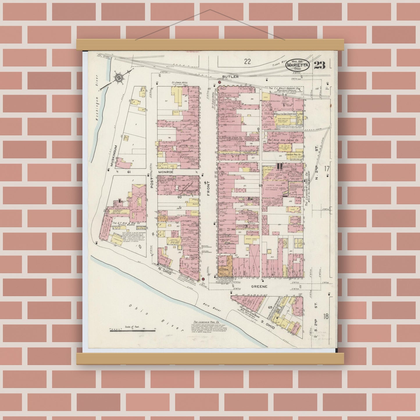 Old map wall art mockup — magnetic wood frame on brick wall — Sanborn Fire Insurance Map from Marietta, Washington County, Ohio (1915), Sheet #0023