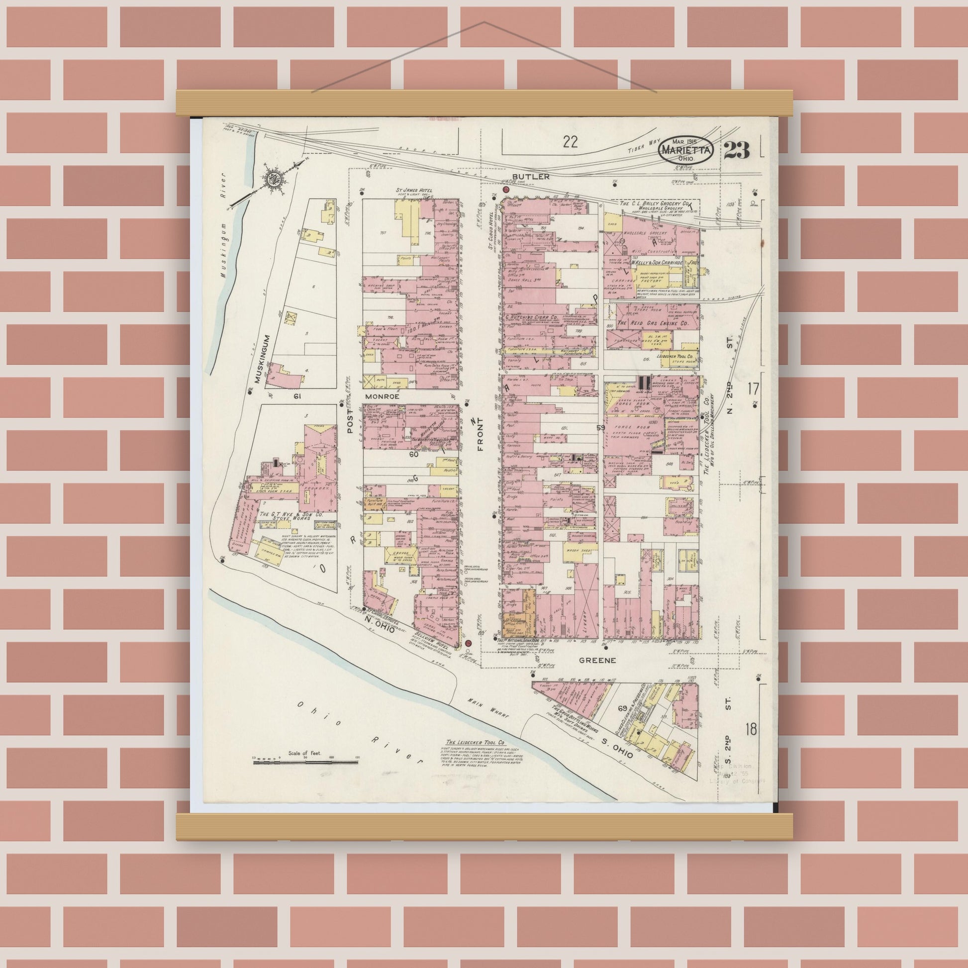 Old map wall art mockup — magnetic wood frame on brick wall — Sanborn Fire Insurance Map from Marietta, Washington County, Ohio (1915), Sheet #0023