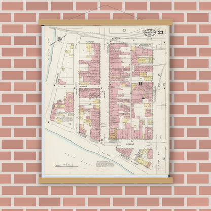 Old map wall art mockup — magnetic wood frame on brick wall — Sanborn Fire Insurance Map from Marietta, Washington County, Ohio (1915), Sheet #0023